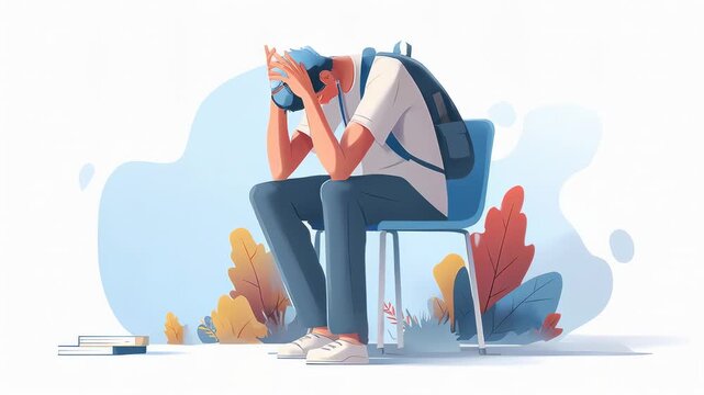 A sad person sits on a chair, head in hands, against a soft, colorful background depicting autumn leaves.
