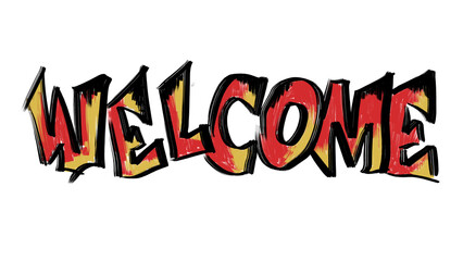 Graphic illustration of welcome word in red, yellow and black colors on a white background in a playful cartoon graffiti style.