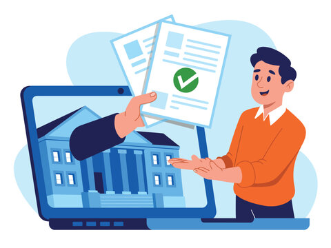 A man receives documents from a building through a laptop screen.