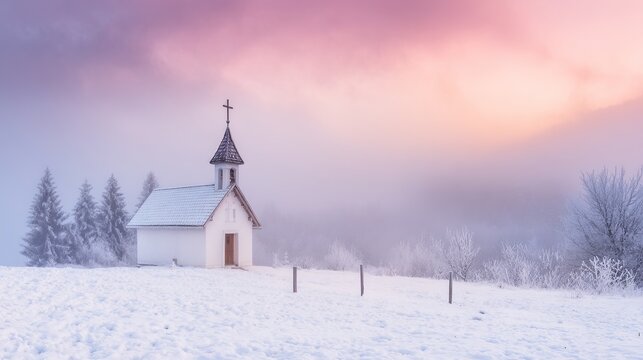 small lonely church in snowy winter landscape, fog and soft sunrise, minimalist composition