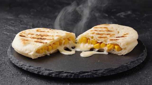 columbian arepa with cheese stuffed on black stone background orbit video
