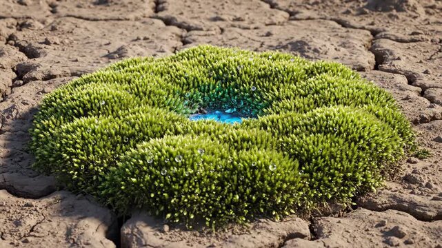 Water erupting from barren cracked earth in macro closeup, transforming dry soil into circular green moss growth sequence