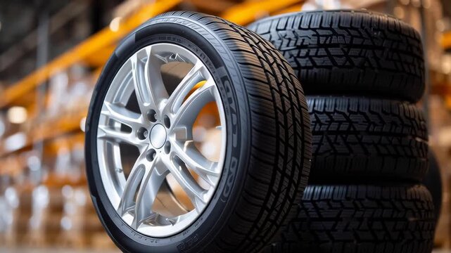 A tire is on top of three other tires. Concept of organization and order, as the tires are stacked neatly on top of each other. The tires are likely part of a vehicle or a warehouse