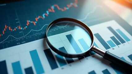 Magnifying glass placed on bar charts and financial graphs with rising red line, symbolizing data analysis, business research, growth trends, investment and financial review. Stock trading - Powered by Adobe