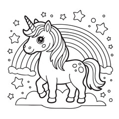 Obraz premium A cute cartoon unicorn stands on a cloud with a rainbow and stars in the background, line art horse mythical