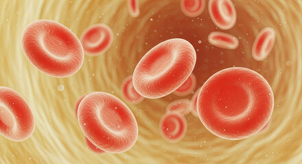 Conceptual digital illustration showing group of flowing red blood cells erythrocytes moving through vein or artery biological medical background microscopic view