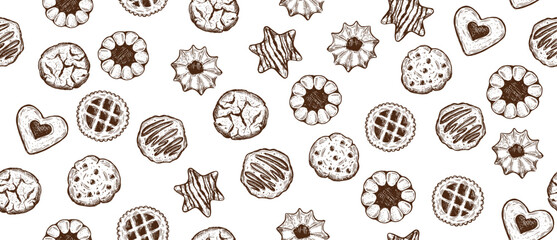 Cookie pattern on white, hand drawn illustration.	
