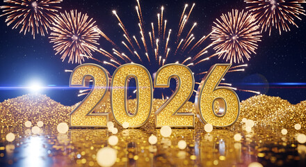 Sparkling gold 2026 digits celebrate the new year with fireworks and bokeh lights