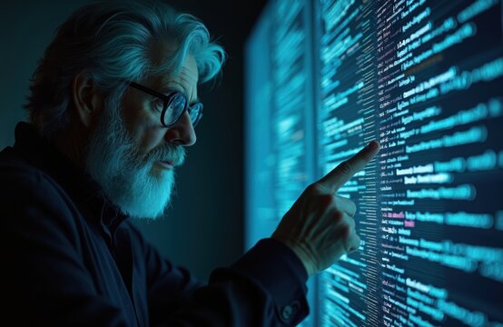 Elderly man wearing glasses studies glowing computer code on large futuristic screen. He points finger at digital data, analyzing complex problem, seeking insight and understanding.