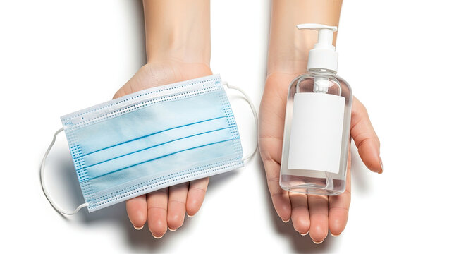 Hands holding protective surgical face mask and transparent alcohol based gel hand sanitizer bottle for hygiene and disease prevention on white background