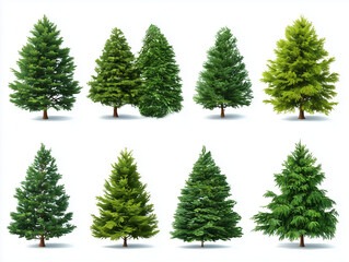 Fototapeta premium Collection of assorted evergreen trees isolated on white