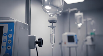 Intravenous fluid bag hanging on pole with monitor machines in background illustrating essential medical procedure and hospital critical care technology