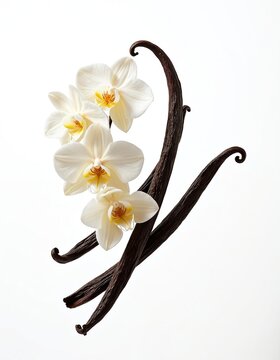 Vanilla pods and white orchid flowers float in air against white backdrop. Close up capture of spice ingredient, aromatic extract, natural flavor for food and perfume.