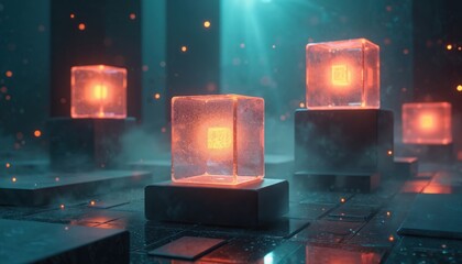 Glowing cubes levitate in misty digital space. Geometric shapes emit orange light, suggesting data energy. Futuristic platforms form abstract background for tech concepts. Deep blue light beams