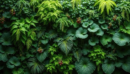 Green living wall background with diverse tropical plants, leaves. Various plant types create natural texture. Small red flowers grow among dense foliage. Eco friendly garden design element, nature