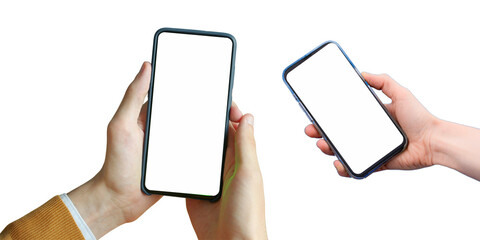 PNG image of Two hands hold smartphones with blank white screens against a ideal for showcasing mobile apps and responsive website designs effectively now on transparent background