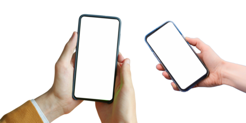 PNG image of Two hands hold smartphones with blank white screens against a ideal for showcasing mobile apps and responsive website designs effectively now on transparent background