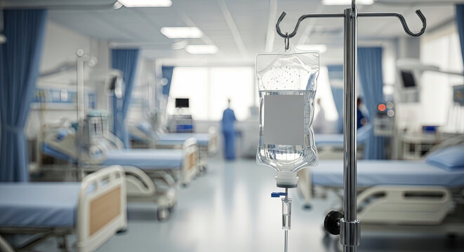 Intravenous IV drip bag hanging on metal stand in a blurred modern sterile hospital ward with empty beds and medical personnel background