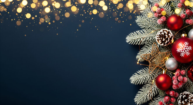 Festive Christmas border with fir branches and red ornaments displaying golden bokeh lights and copy space - Powered by Adobe