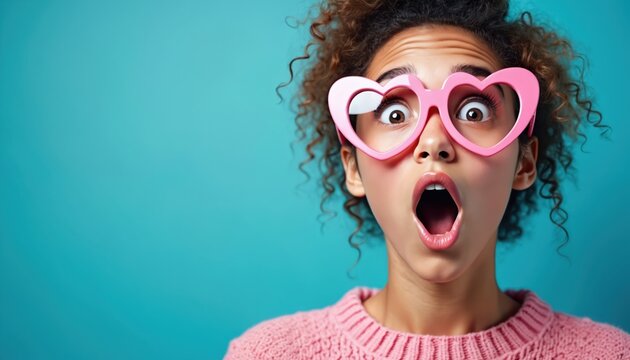 Woman expresses shock wearing heart-shaped glasses. She has open mouth. Background is solid blue. Curly hair and pink sweater complete a portrait of surprise. - Powered by Adobe