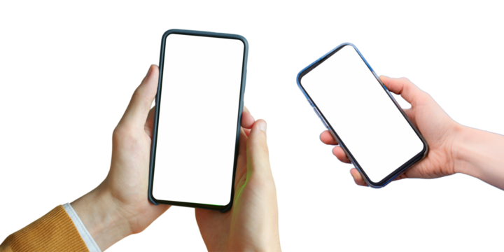 PNG image of Two hands hold smartphones with blank white screens against a ideal for showcasing mobile apps and responsive website designs effectively now on transparent background