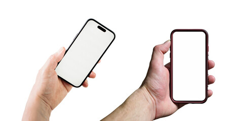 PNG image of Two hands holding modern smartphones with blank white screens against a showcasing mobile technology and communication devices for advertising on transparent background
