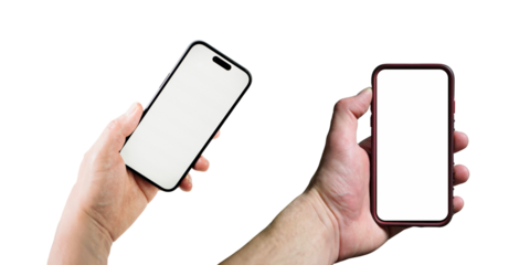 PNG image of Two hands holding modern smartphones with blank white screens against a showcasing mobile technology and communication devices for advertising on transparent background