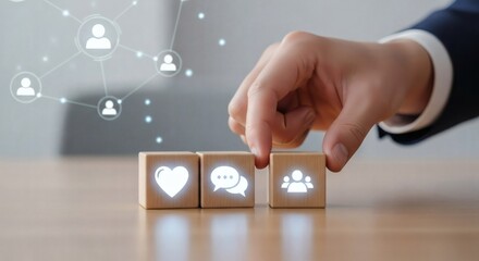 Human connection and team communication concept. Glowing wooden blocks with heart, chat, and team icons highlighted by digital human network nodes