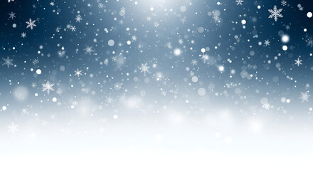 Magical falling white snowflakes and sparkling bokeh lights create a festive winter holiday atmosphere