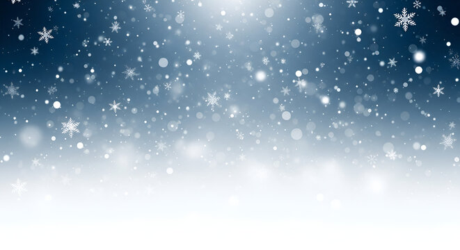 Magical falling white snowflakes and sparkling bokeh lights create a festive winter holiday atmosphere