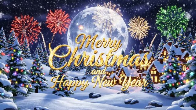 Firefly merry christmas greeting animation background. celebration new eve with moon in the sky 