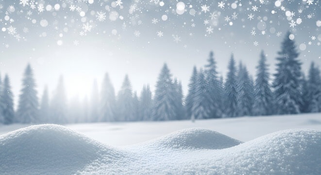 Magical winter landscape with snowy drifts and a misty pine forest under falling snow