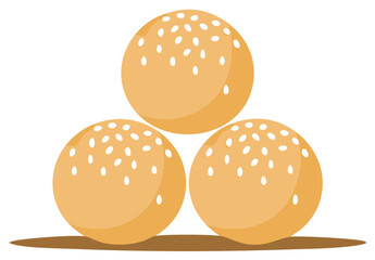Illustration of three sesame balls piled on each other, round fried pastries, snack, appetizer, and simple food.