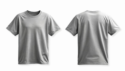 Naklejka premium Blank grey t-shirt mock up shows front, back views. Plain gray tee shirt template. Casual apparel for men women youth. Display new clothes design for advertisement. Ideal for product presentation