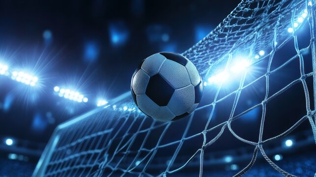 Soccer ball scoring goal into net, stadium lights illuminating the action, close up