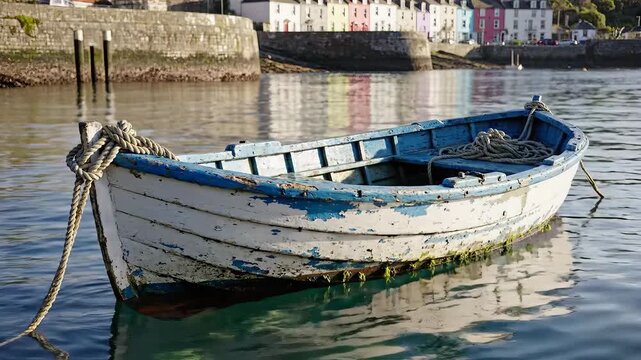 Old wooden fishing boat moored in a tranquil harbor with colorful buildings in the background reflecting in the calm water.