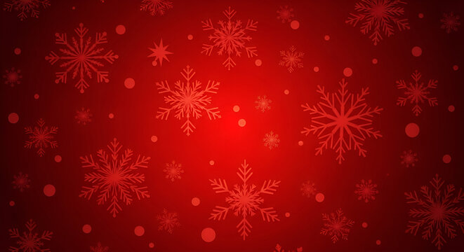 Festive red background featuring delicate white snowflakes and glowing bokeh lights for christmas holidays