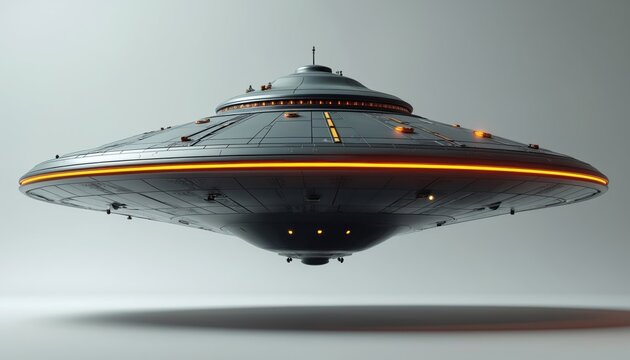 Dark metallic flying disk craft hovers against a light background. The unidentified flying object has orange lights on its rim and yellow lights on top. It suggests an alien spaceship. - Powered by Adobe
