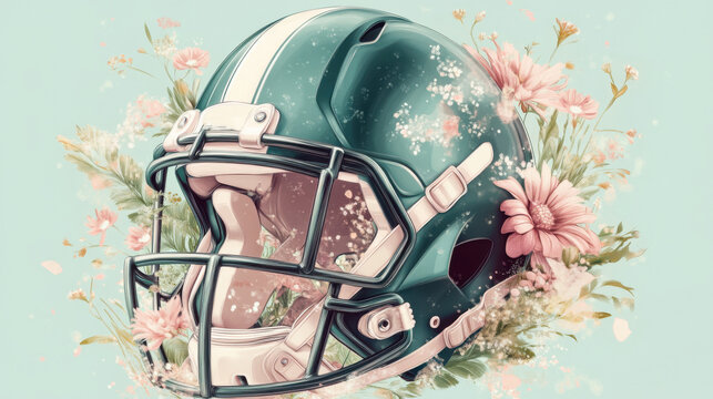 American football helmet adorned with delicate flowers and soft pastel hues, a unique blend