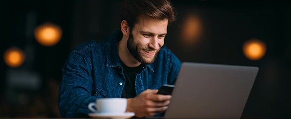 A digital nomad sipping coffee while dancing with a laptop and smartphone at a café.
