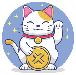 Obraz premium Lucky cat mascot beckoning with coin and raising paw for good fortune in a starry sky