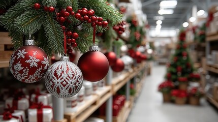Festive red and silver christmas ornaments on display in decorated store aisle