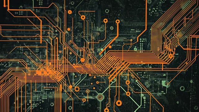 Abstract Circuit Network Design: High-Tech Digital Art and Technology Backdrop with Orange Lines and Data Processing Visualization