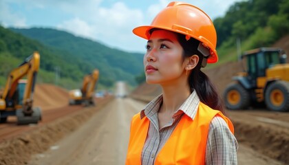 Asian woman civil engineer in safety vest and orange hard hat looks at construction site. Excavators and heavy machinery work on road project development.