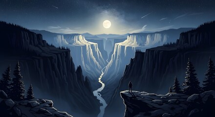 Person Admiring Grand Canyon at Night Under Full Moon