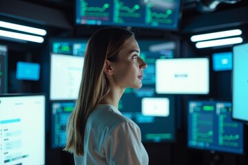 Woman navigating digital world filled with interactive screens showing surveys and feedback forms.