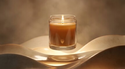 Candle Jar Hovering Above Ceramic Curves with Warm Ambient Glow