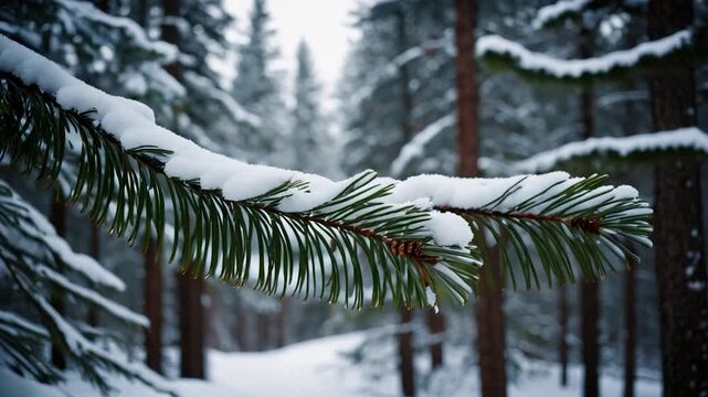 A single pine tree branch covered in fresh snow in a quiet forest setting