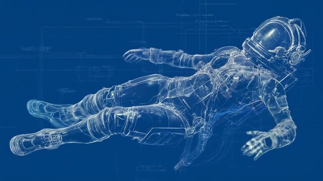 Floating astronaut in futuristic spacesuit blueprint. Technical wireframe design for space exploration and advanced engineering.