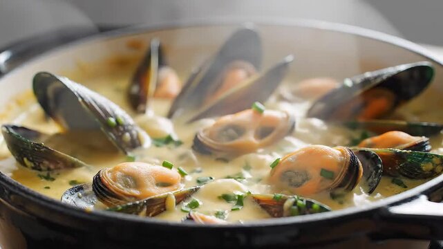 Steaming Pot of Delicious Mussels in Creamy Sauce.
